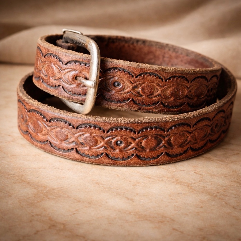 Vintage Tooled Brown Leather Women’s Belt | Western Boho Floral Belt